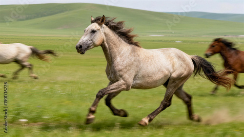 Gray horses herd running on grassland prairie
