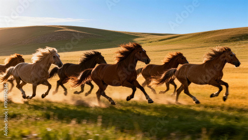 Horse herd galloping on grassland under sunlight