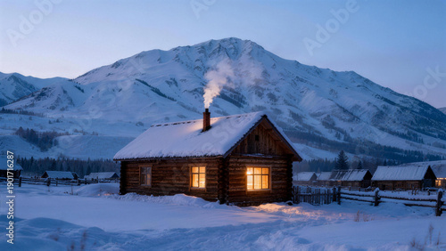 Snow covered wooden cabin with warm lights in mountain valley