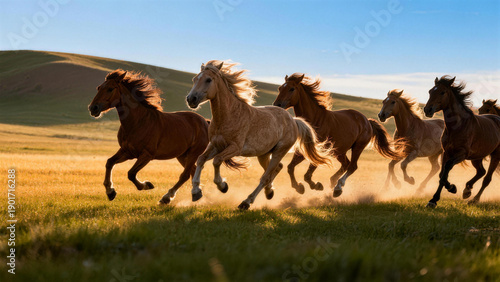 Horse herd running on grassland with sunlight falling