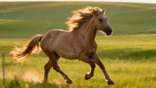 Horse running on grassland under sunlight with clear silhouette