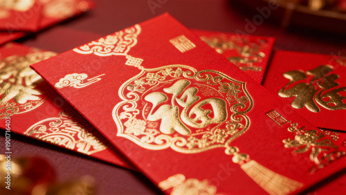 Red envelopes with fortune character and golden floral patterns festive