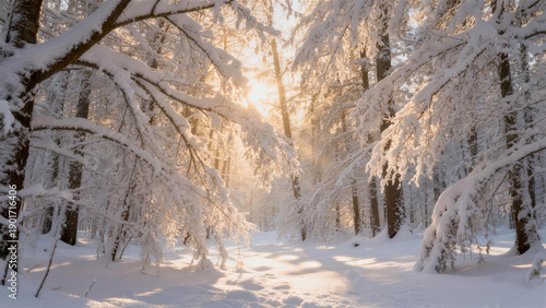 Canvas Print Sunlight penetrating through snow covered forest with pure sunlight