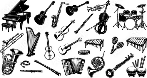 Musical Instruments Black and White Engraving Style Seamless Pattern. Music, Art  Education Vector Collection Background with Classic and Modern Instruments.