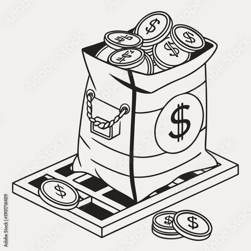 Cash reserve bag positioned on coin platform with coins