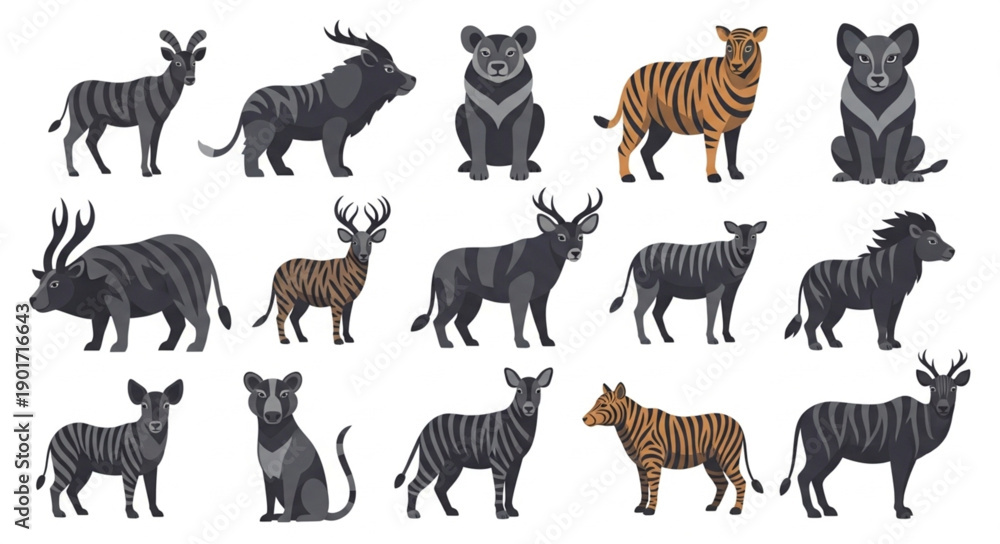 Naklejka premium Collection of Diverse Wild Animals in Stylized Illustration.