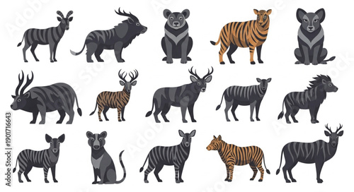 Collection of Diverse Wild Animals in Stylized Illustration.