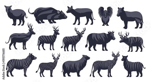 Collection of Diverse Wild Animals Silhouettes.
