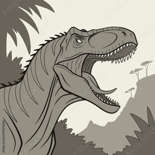 Dinosaur head roaring sideways sharp teeth grayscale