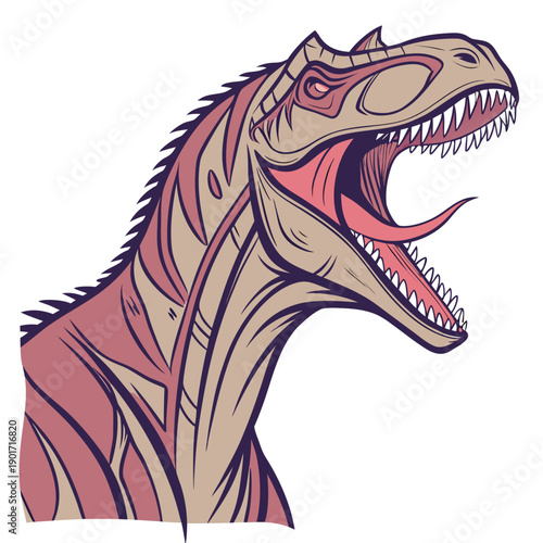 Dinosaur head with open mouth and sharp teeth showing muscular neck detail