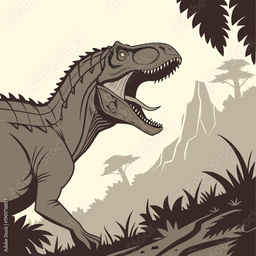 Dinosaur roaring from low angle perspective in sepia tones