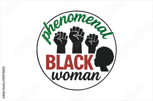 A circular graphic featuring raised fists the word black and a woman s profile