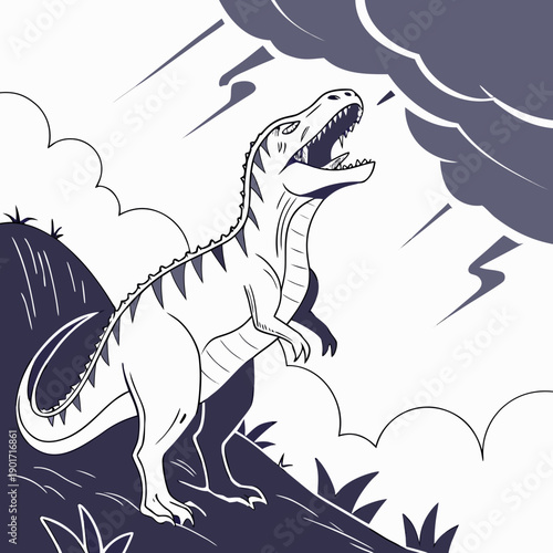Dinosaur roaring upward with dramatic energy stormy weather