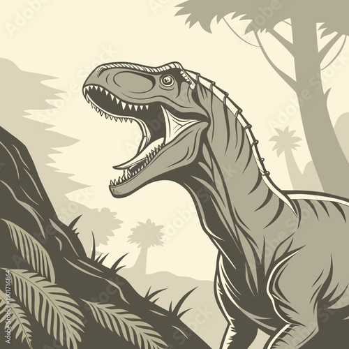 Dinosaur roaring with muscular neck detail in prehistoric landscape