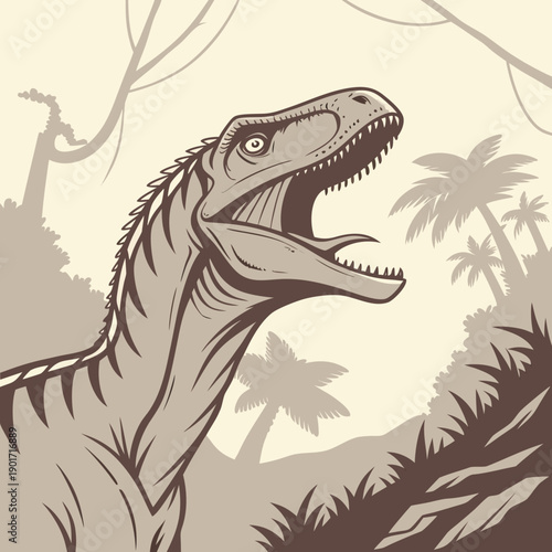 Dinosaur roaring with stretched neck and open jaw in tropical landscape