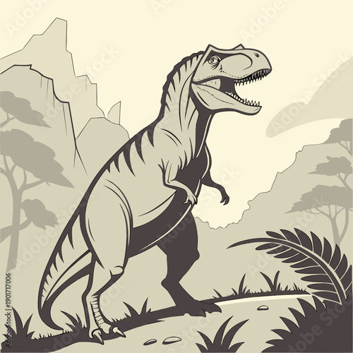 Large dinosaur standing in powerful stance on rocky terrain
