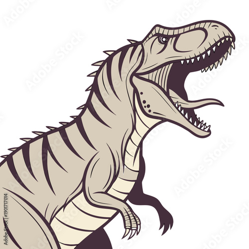 Tan dinosaur roaring sideways with sharp jaw detail