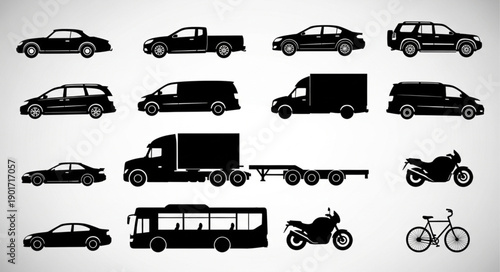 Collection of Silhouetted Vehicles on a White Background.