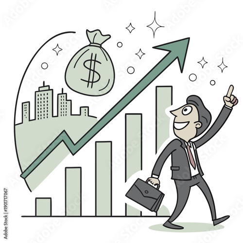 Businessman with briefcase walking towards upward chart and money bag
