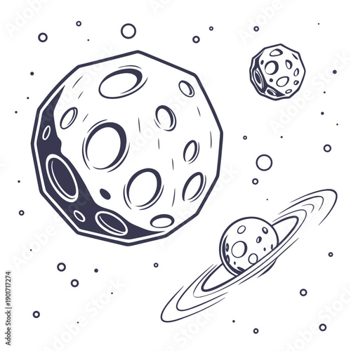 Asteroid belt with moons and rings in space planet