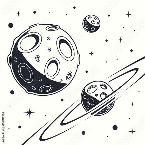 Black and white of floating asteroid belt illuminated by distant galaxy