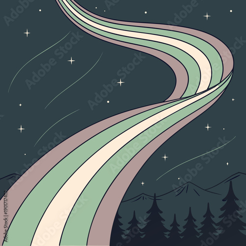 Galactic aurora ribbons flowing in space over mountains and trees