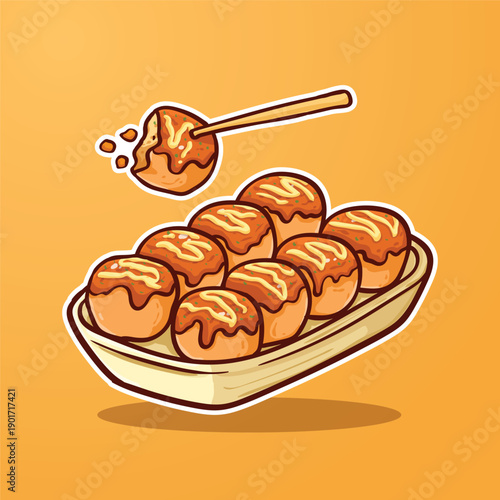 Delicious Cartoon Takoyaki Illustration on an Orange Background,  Japanese Street Food Snack