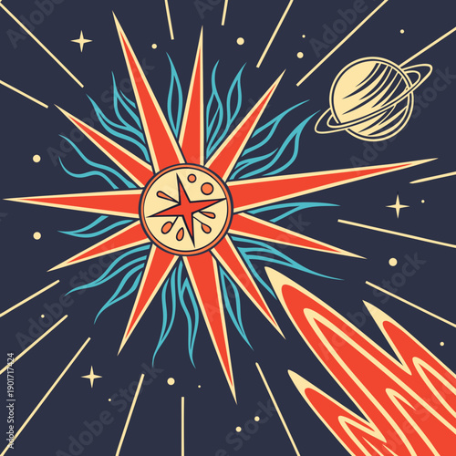 Glowing red star explosion with blue flames and planet in space