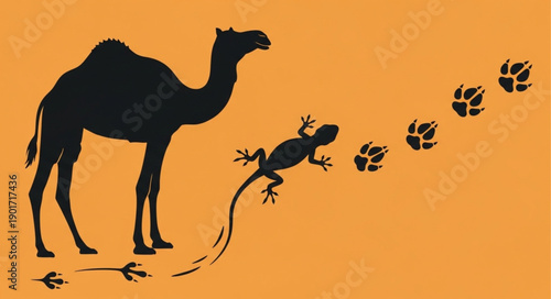 Camel and Lizard Silhouette with Footprints.