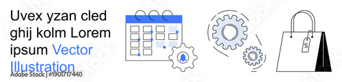 Business planning, workflow optimization, e-commerce, scheduling, technology integration, retail management. An outlined calendar, gears and shopping bag. Planning and workflow optimization concept