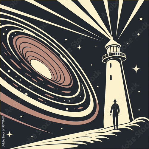 Lighthouse beam shining on man standing on hill with galaxy