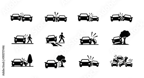 Car accident icons collection different types of collisions and impacts.