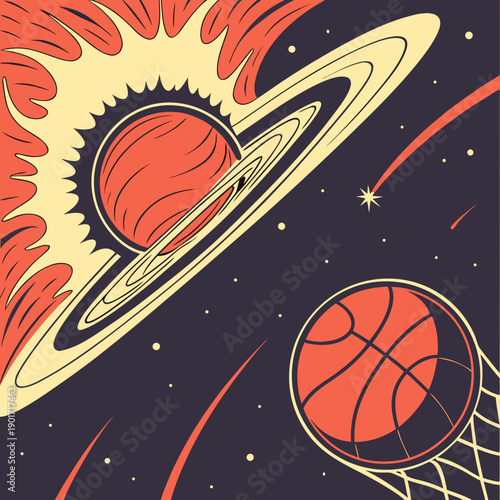 Orange basketball in space with planet Saturn and sun