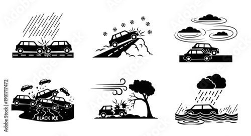 Car accident icons depicting various weather conditions and road hazards.