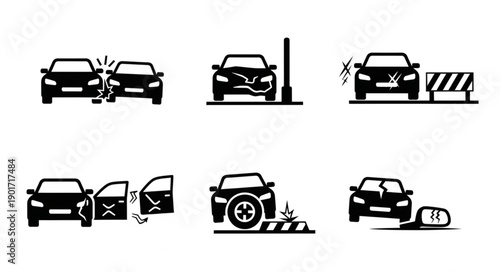 Car Accident Icons Set Showing Different Types of Collisions and Damage.