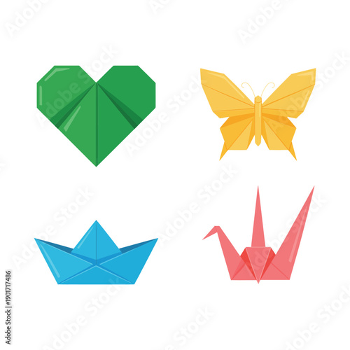 Folded heart, origami butterfly, paper crane and small boat icons, creative craft set for school project, kids camp, party design