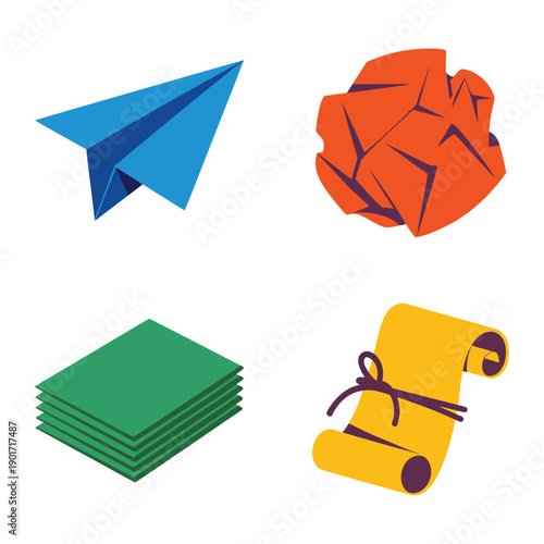 Origami paper icons with blue airplane, orange crumpled ball, rolled scroll, small sheet stack, craft supplies for classroom project design