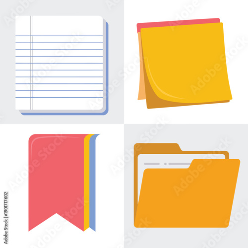 Stationery layout with lined paper, sticky notes, file folder and bookmark tag, office planner templates for study, journal, classroom design