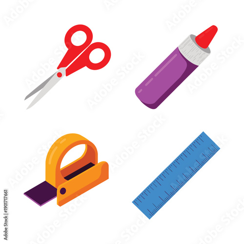 School stationery tools set with scissors, glue, stapler and ruler, classroom supplies vector for study planner, craft kit design