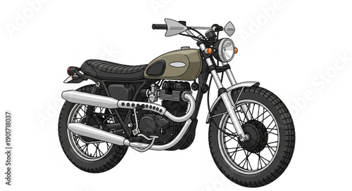 Classic Scrambler Motorcycle Side View Isolated.