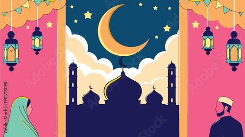 Ramadan Kareem and Eid Mubarak Background with Mosque Silhouette, Crescent Moon, Lanterns, and Muslim Couple Flat Vector Illustration