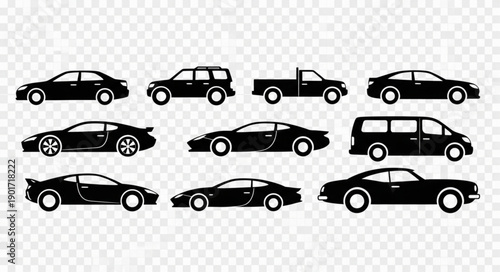 Collection of Black Car Silhouettes on Transparent Background.