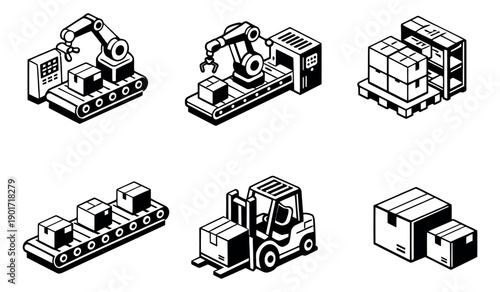 Isometric line art industrial set featuring robotic arms, conveyor belts, and boxes for manufacturing and logistics