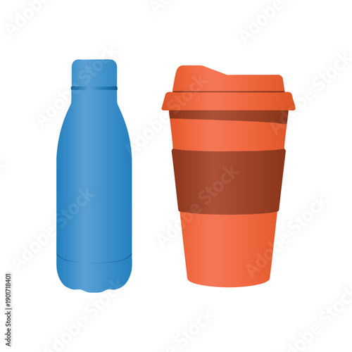 Reusable water bottle and insulated coffee tumbler vector set, sustainable drinkware for gym, hiking, office, eco friendly lifestyle graphic design