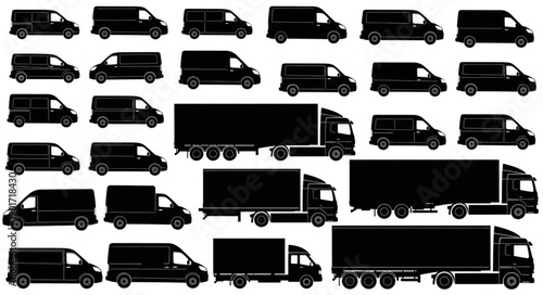 Collection of Black Silhouettes of Various Vans and Trucks.