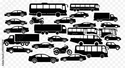 Collection of Black Silhouettes of Various Vehicles.