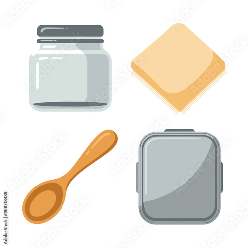 Zero waste kitchen kit vector, glass jars, wooden spoon, cloth napkin, earth day workshop poster, refill station signage, reuse session