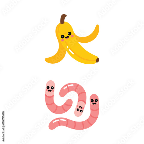 Banana peel with earthworm vector, compost awareness sticker, kids eco club activity, waste reduction lesson, garden science session materials