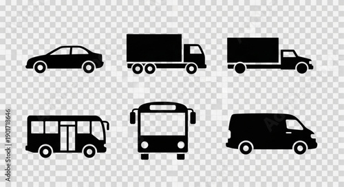 Collection of black vehicle icons on transparent background.