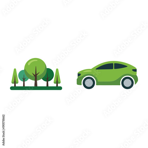Tree lined street with green car vector, urban forest banner, clean commute rally, eco driving tips session, parking lot meetup